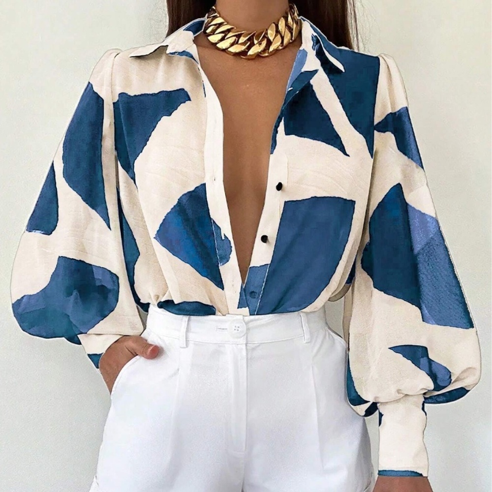 Beige Sheer Abstract Blue Print Button Up Shirt Long Bishop Sleeve Chiffon